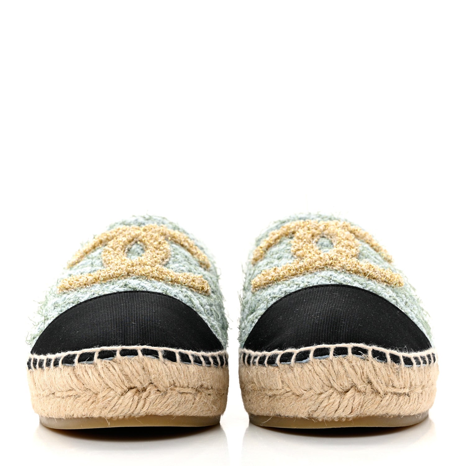 Chanel Tweed Grosgrain CC Espadrilles 37 Light Blue Green Black 2 of 9