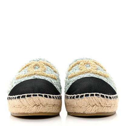 Chanel Tweed Grosgrain CC Espadrilles 37 Light Blue Green Black 2 of 9