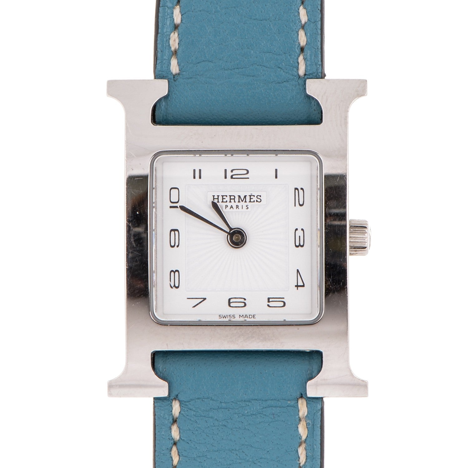 Hermes Stainless Steel Swift 21mm Heure H Hour Quartz Watch Blue Jean 1 of 8