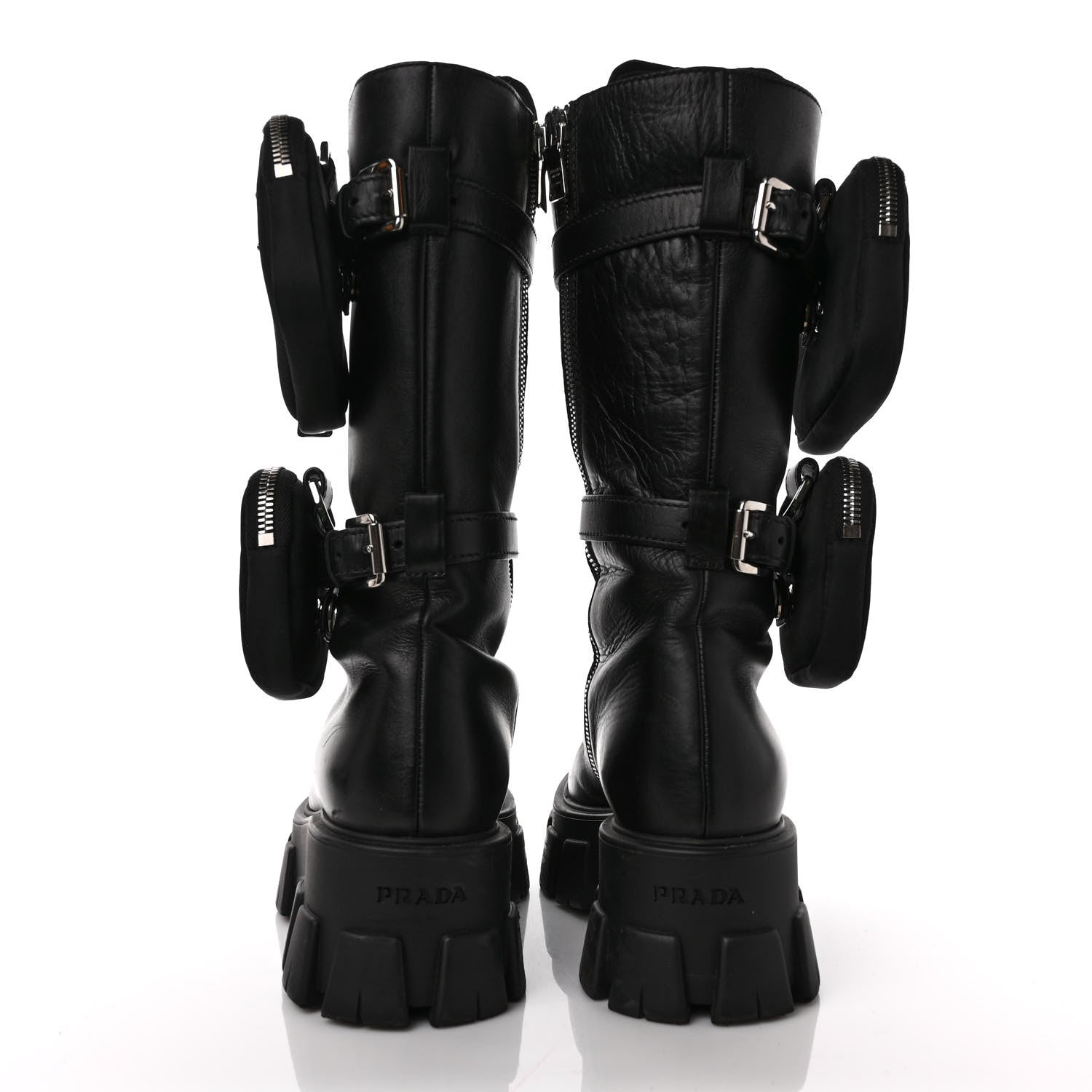 Prada Vitello Lux Nylon Metal Triangle Logo Monolith Pouch Pocket 55mm Tall Combat Boots 37 Black 5 of 10