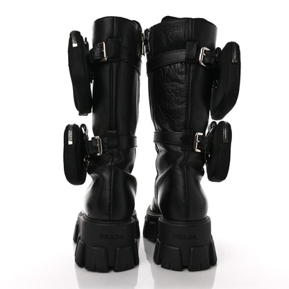 Prada Vitello Lux Nylon Metal Triangle Logo Monolith Pouch Pocket 55mm Tall Combat Boots 37 Black 5 of 10