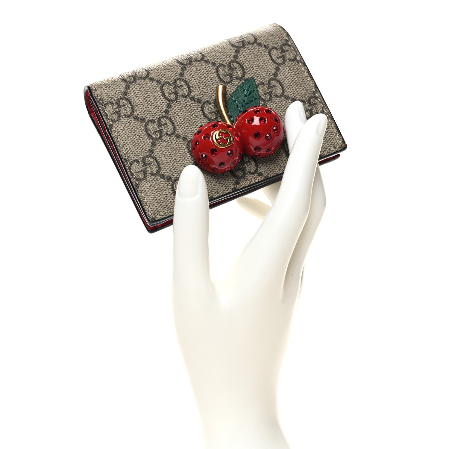 Gucci GG Supreme Monogram Cherry Embellished Card Case Wallet Hibiscus Red 2 of 8