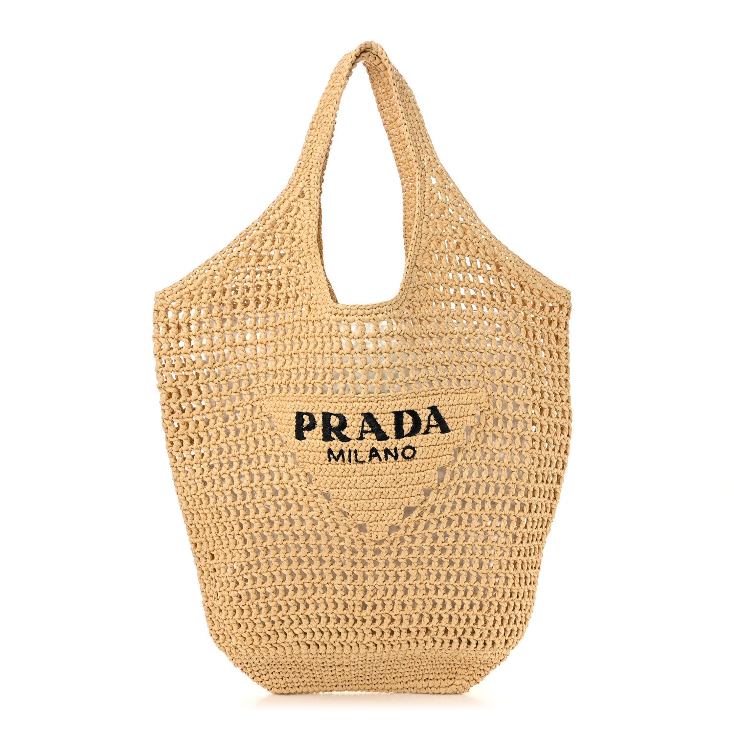 Prada Yarn Raffia Effect Crochet Logo Embroidered Shopping Tote Bag Naturale 1 of 10