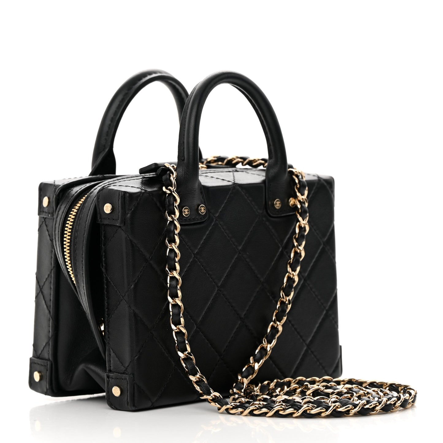 Calfskin Quilted Small Studded Square Vanity Case Black