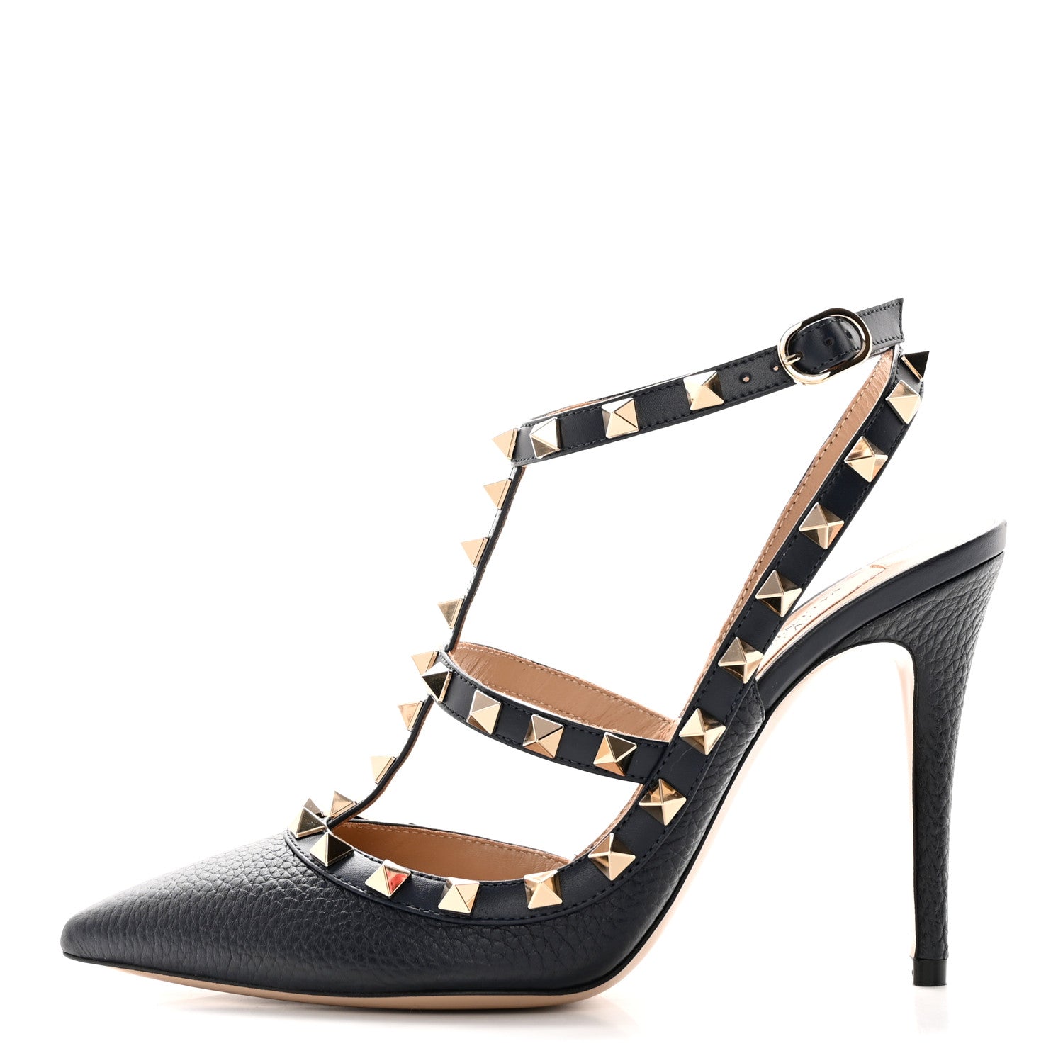 Valentino Garavani Pebbled Calfskin Rockstud Ankle Strap 100mm Pumps 37 Deep Denim 1 of 13