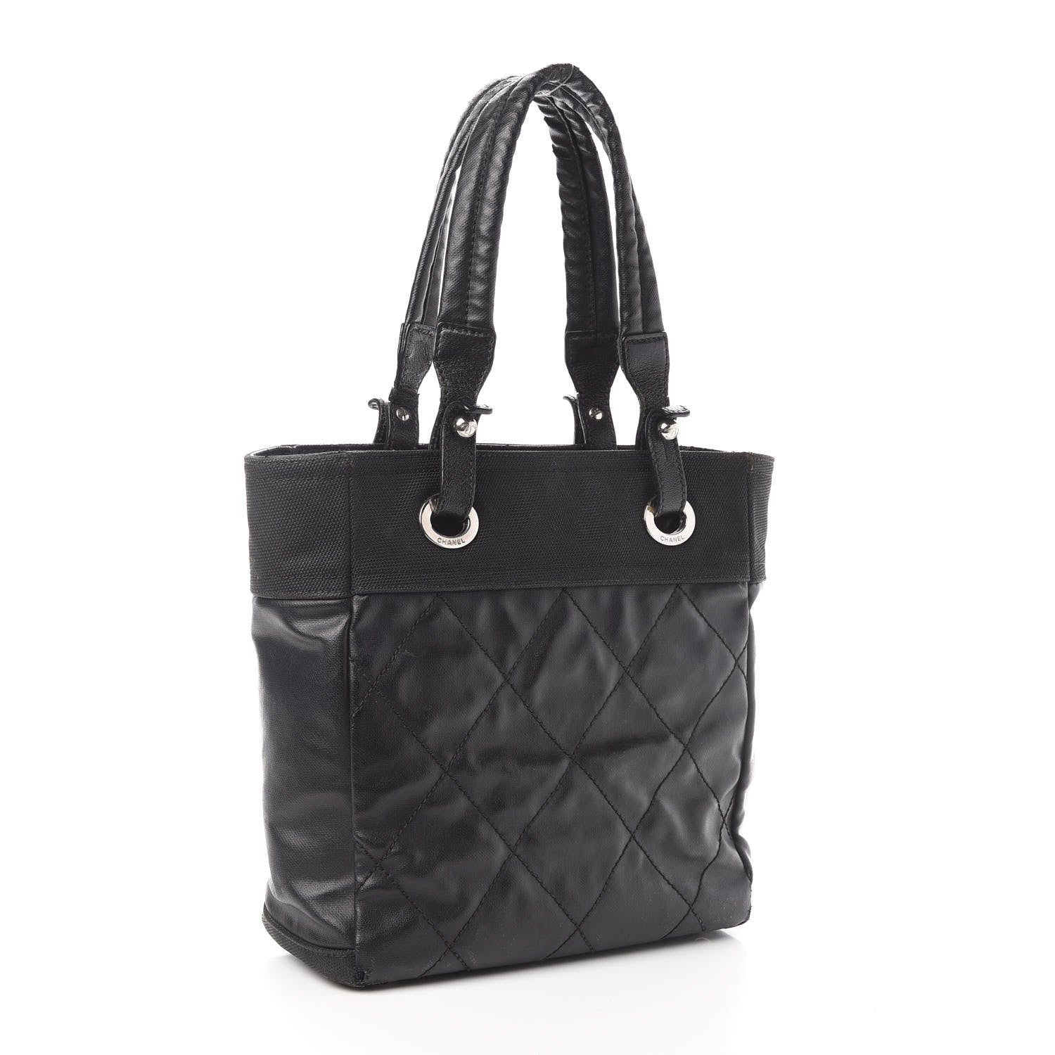 Chanel Coated Canvas Quilted Small Paris Biarritz Tote Black 4 of 15