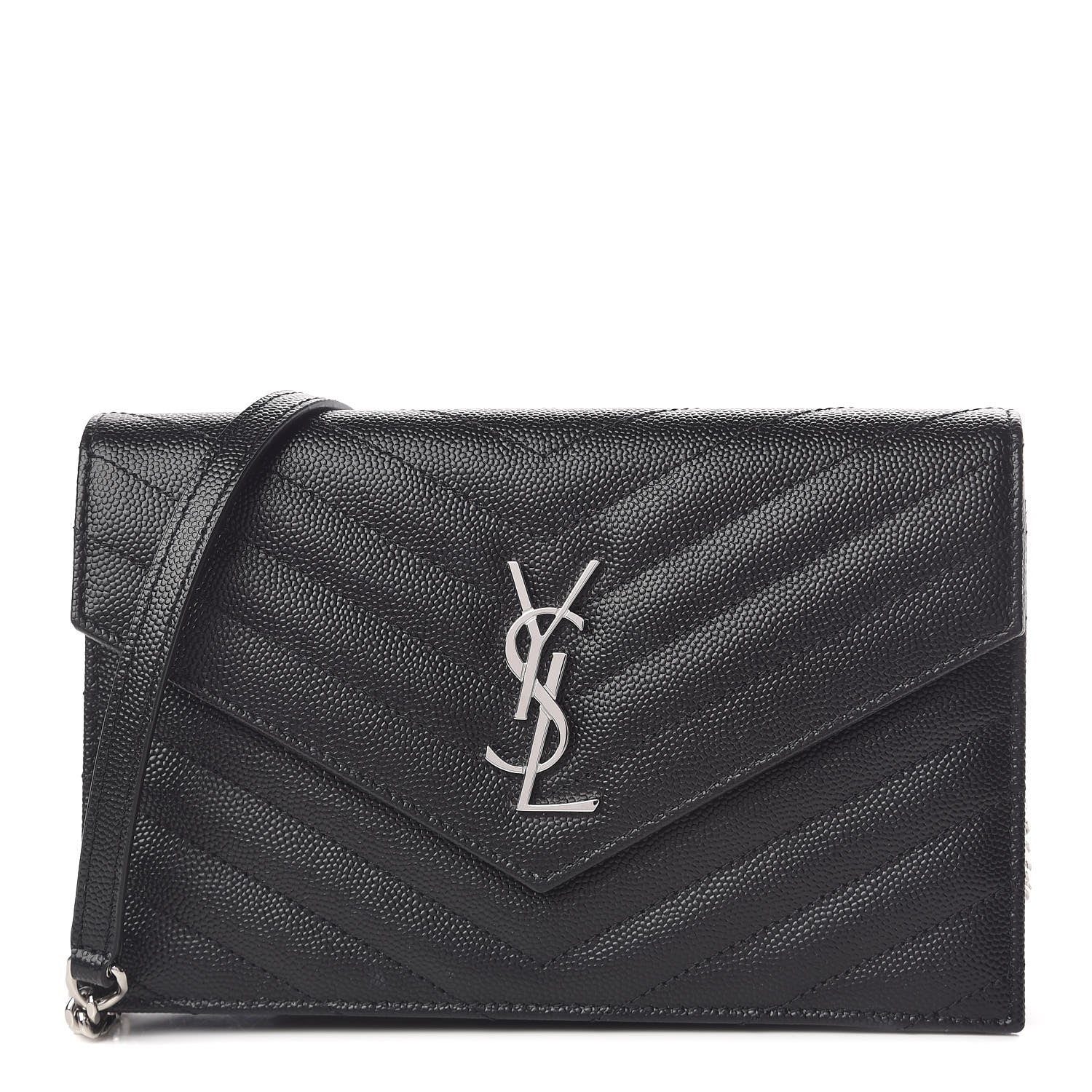 Saint Laurent Grain De Poudre Matelasse Chevron Monogram Envelope Chain Wallet Black 1 of 12