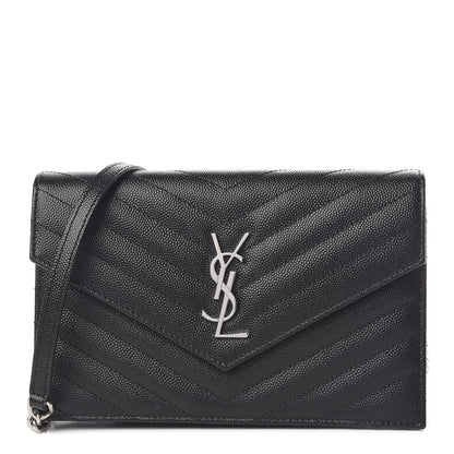 Saint Laurent Grain De Poudre Matelasse Chevron Monogram Envelope Chain Wallet Black 1 of 12