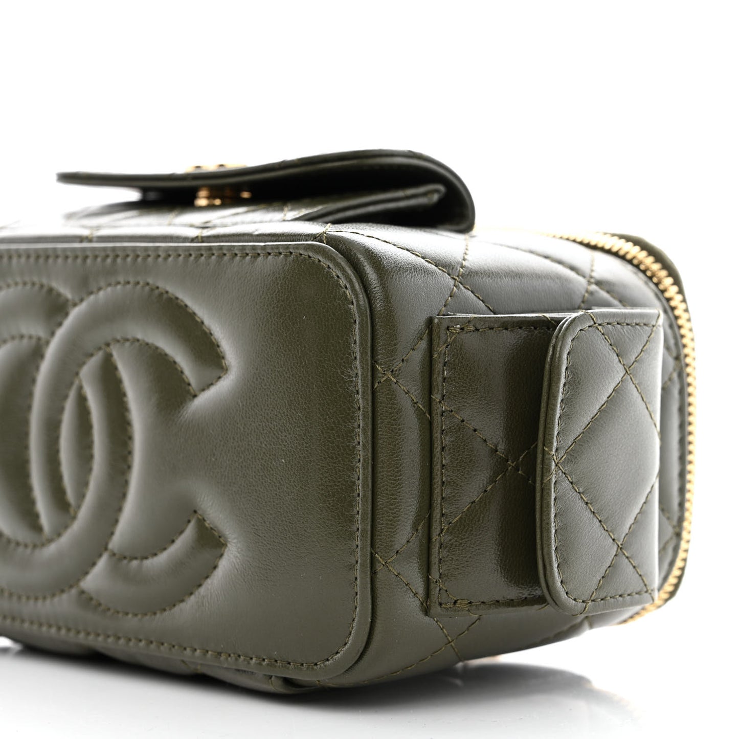 Lambskin Quilted Polly Pocket East West Top Vanity With Chain Khaki
