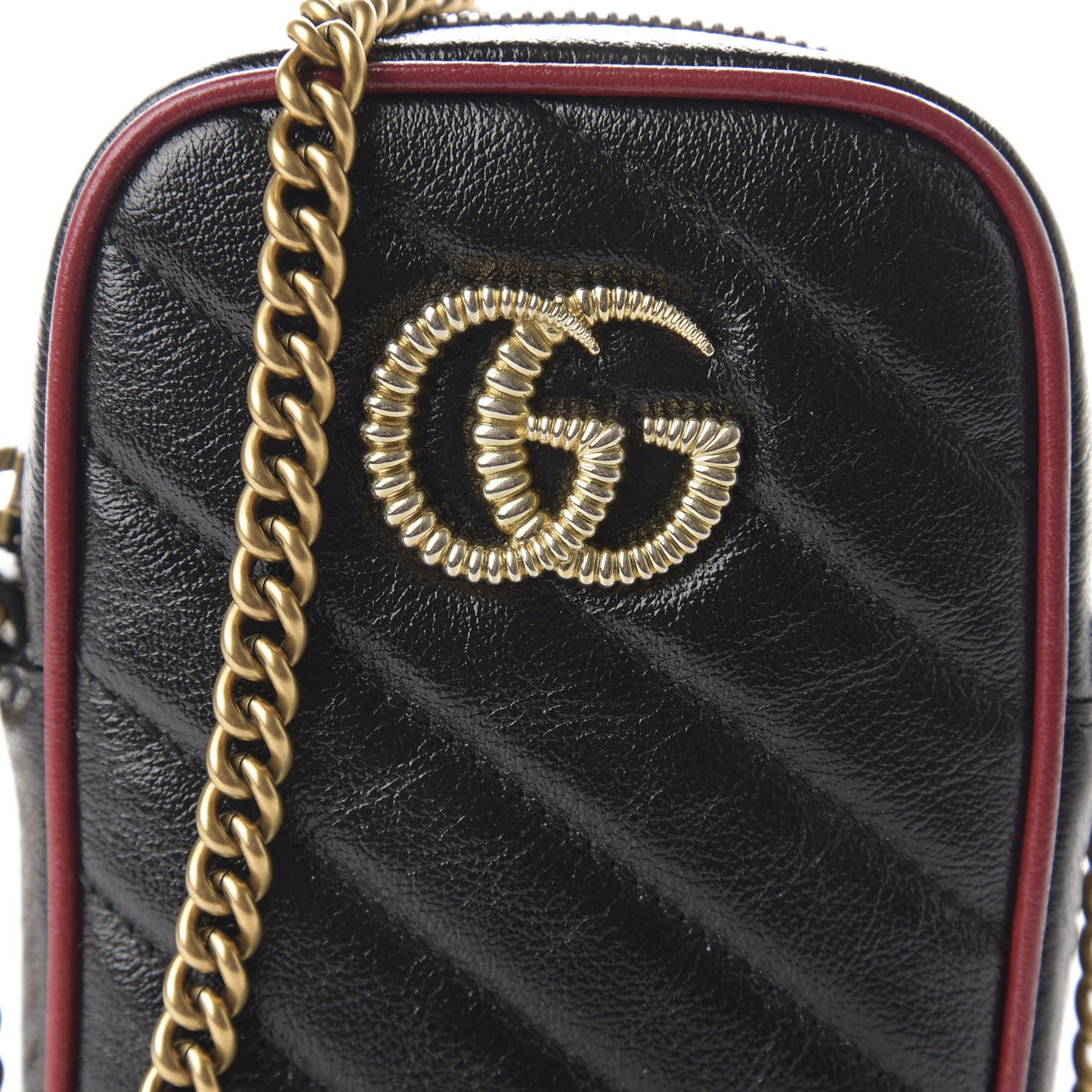 Vintage Effect Calfskin Matelasse Diagonal Mini Torchon GG Marmont Crossbody Bag Black Romantic Cherry