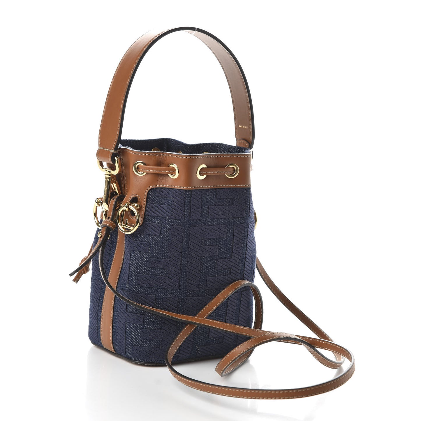 Denim Vitello King F is Fendi FF Embroidered Mini Mon Tresor Bucket Bag Blue Cuoio