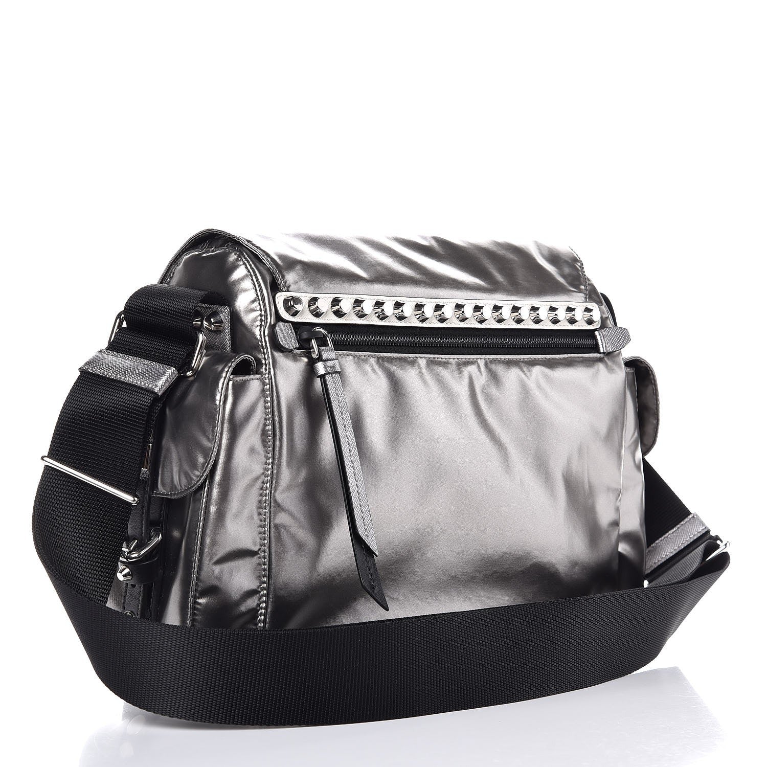 Prada Metallic Nylon Studded Messenger Bag Ferro Black 3 of 7