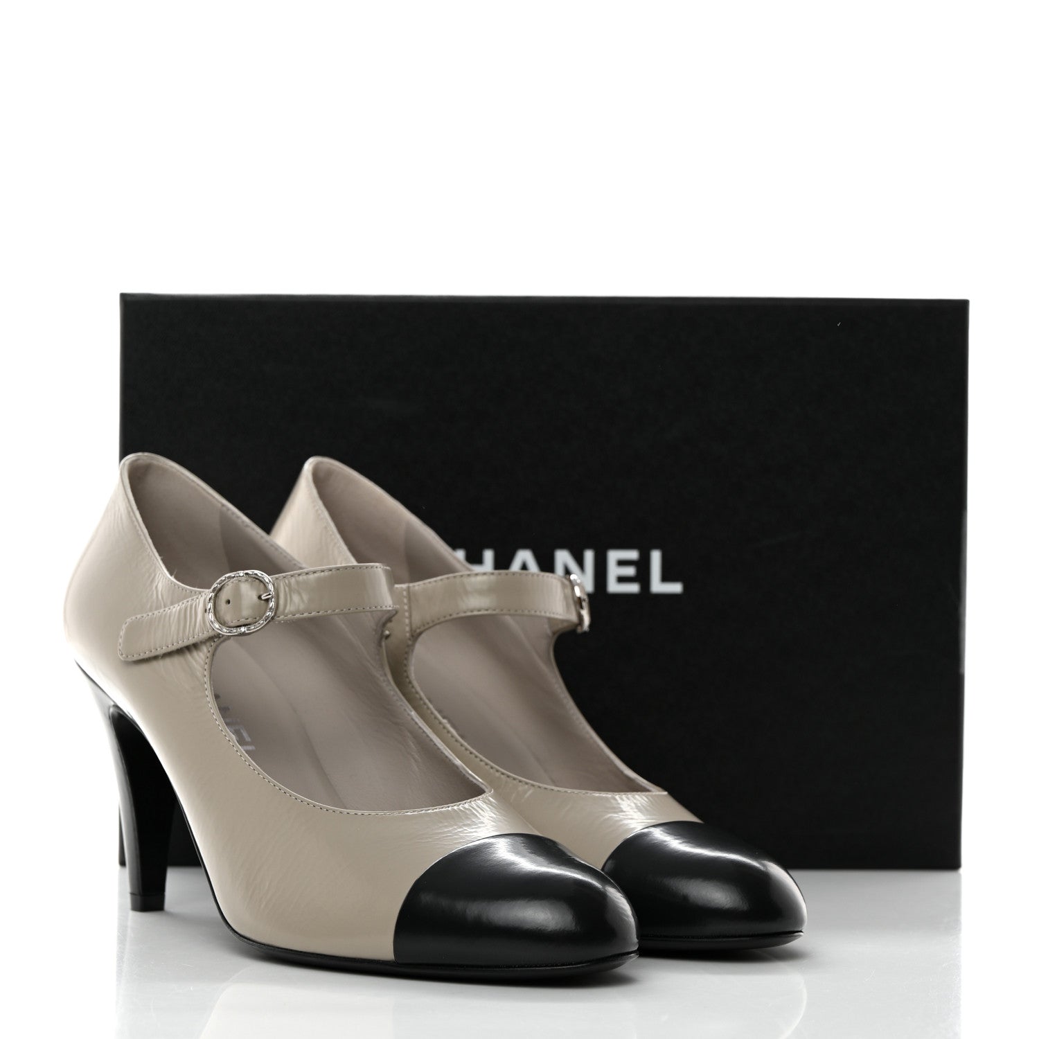 Chanel Shiny Goatskin Cap Toe Mary Jane Pumps 39 Grey Dark Grey 9 of 9