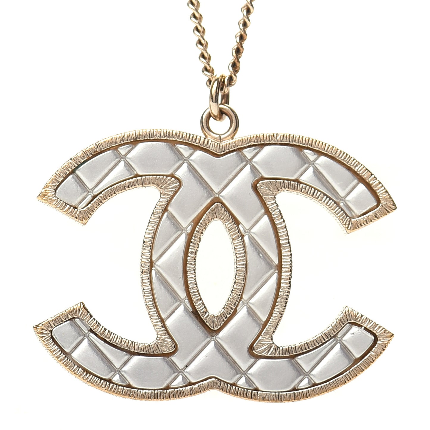 Metal Quilted CC Pendant Necklace Gold White