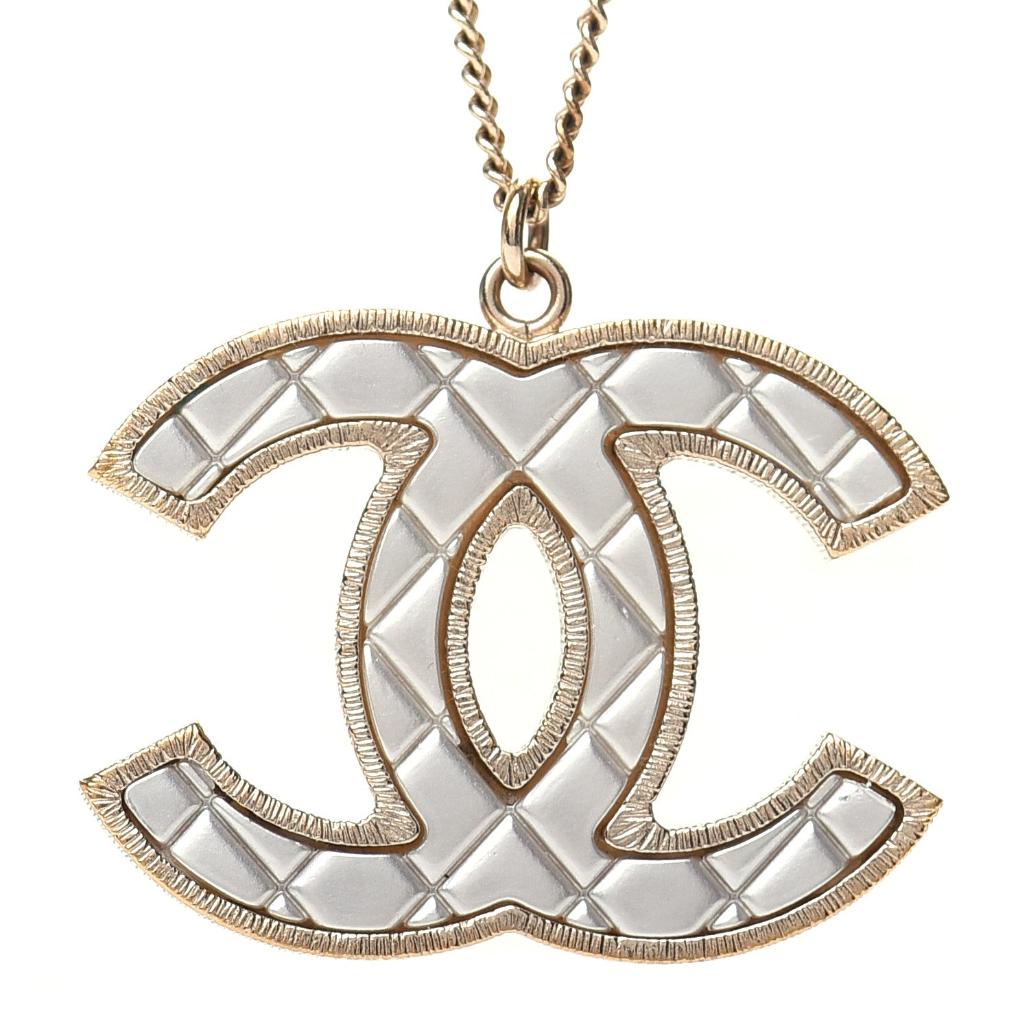 Chanel Metal Quilted CC Pendant Necklace Gold White 4 of 5