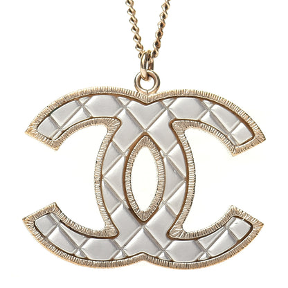 Chanel Metal Quilted CC Pendant Necklace Gold White 4 of 5