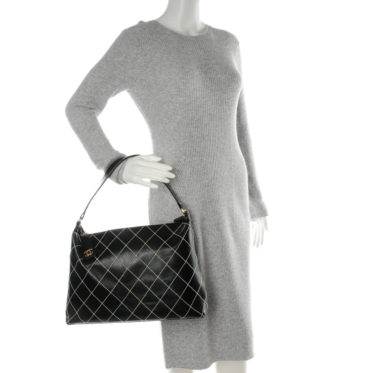 Calfskin Diamond Stitch Surpique Shoulder Bag Black
