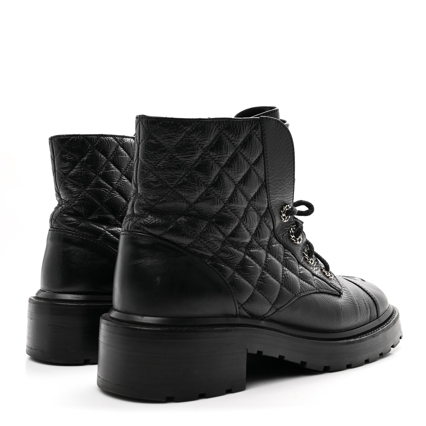 Shiny Lambskin Quilted Lace Up Combat Boots 41 Black