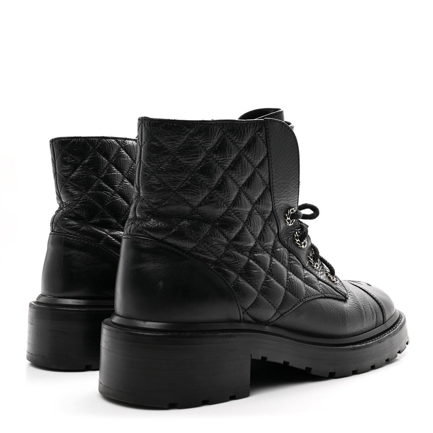 Chanel Shiny Lambskin Quilted Lace Up Combat Boots 41 Black 5 of 9