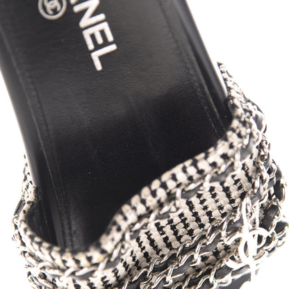 Chanel Tweed Lambskin Chain Flat Sandals 37 White Black 9 of 14