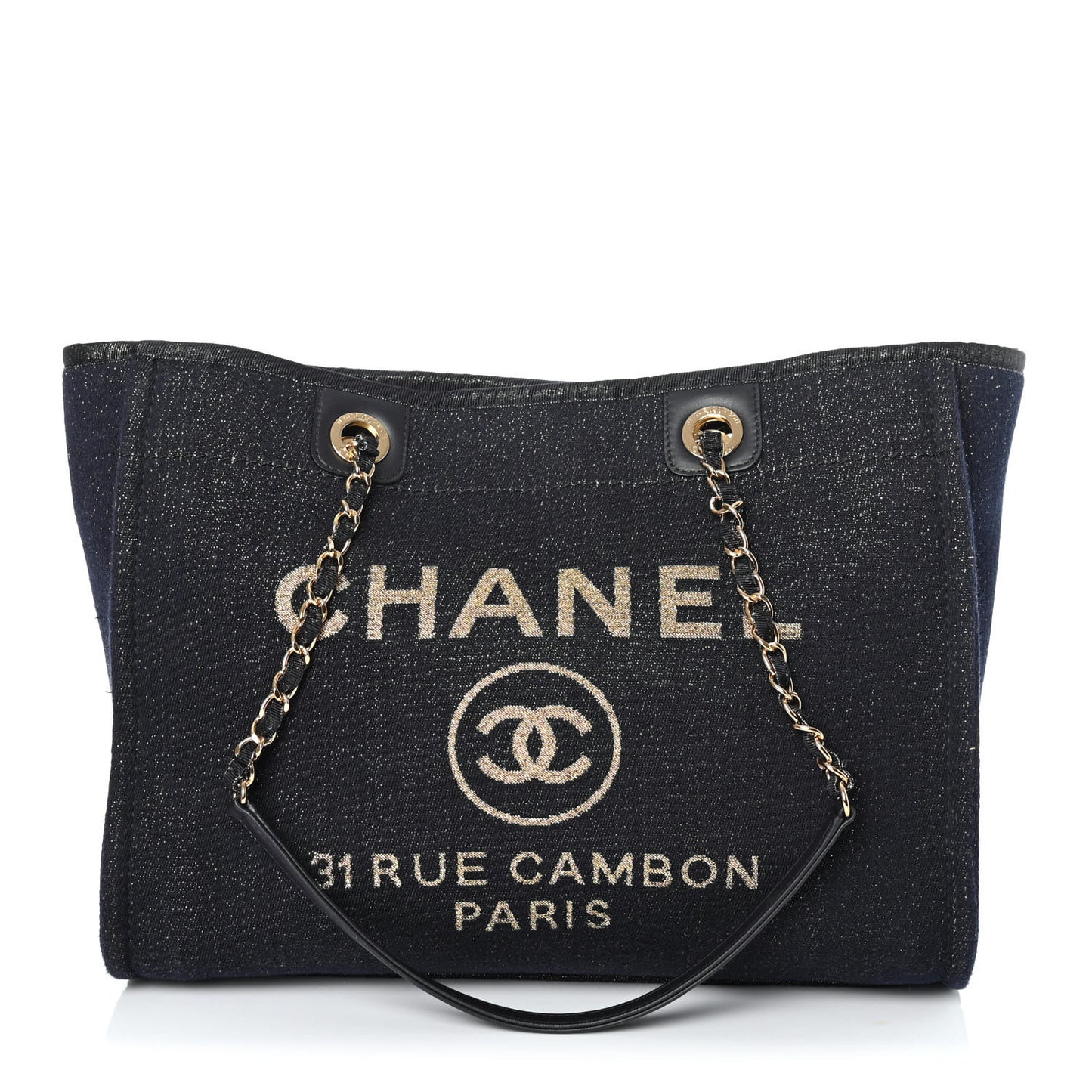 Lurex Canvas Small Deauville Tote Navy Blue Gold