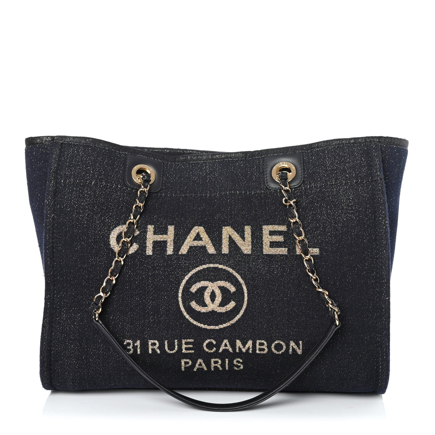 Chanel Lurex Canvas Small Deauville Tote Navy Blue Gold 1 of 4