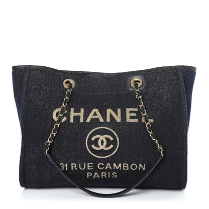 Chanel Lurex Canvas Small Deauville Tote Navy Blue Gold 1 of 4