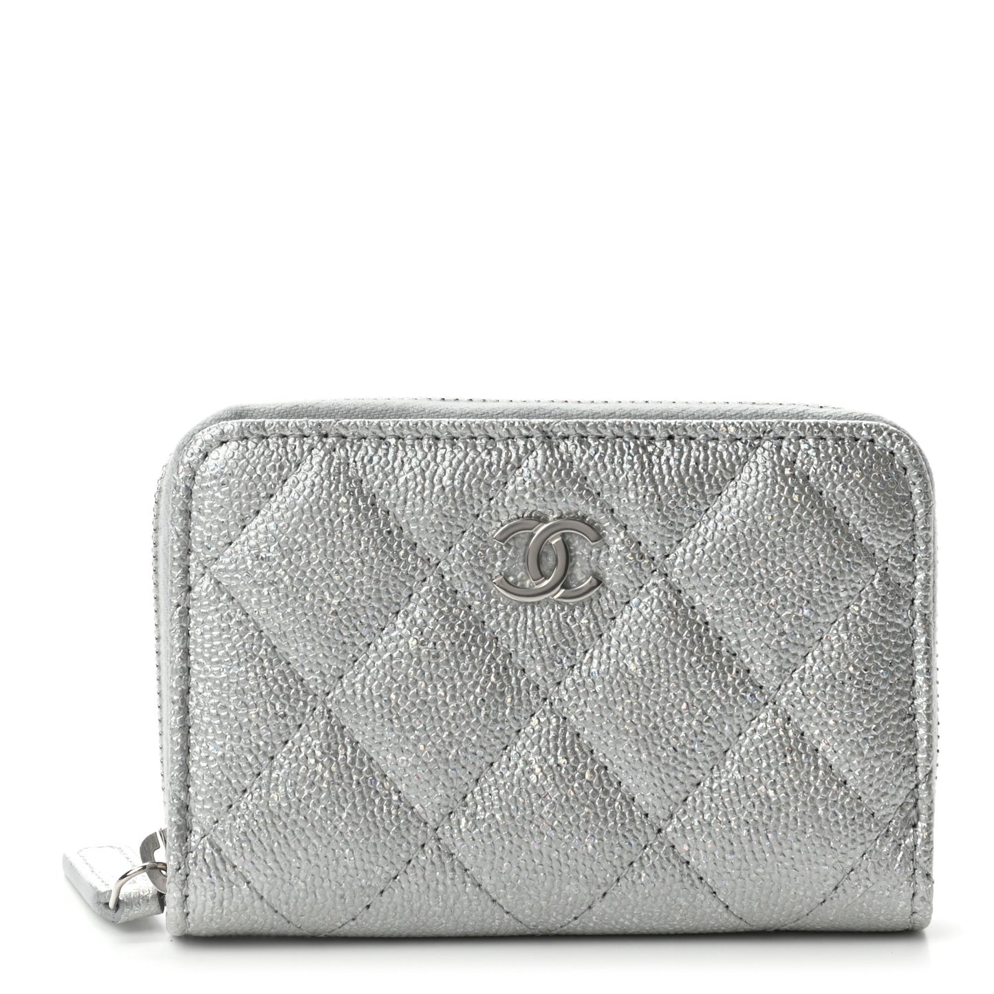 Glittered Metallic Caviar Quilted Zip Coin Purse Wallet Silver