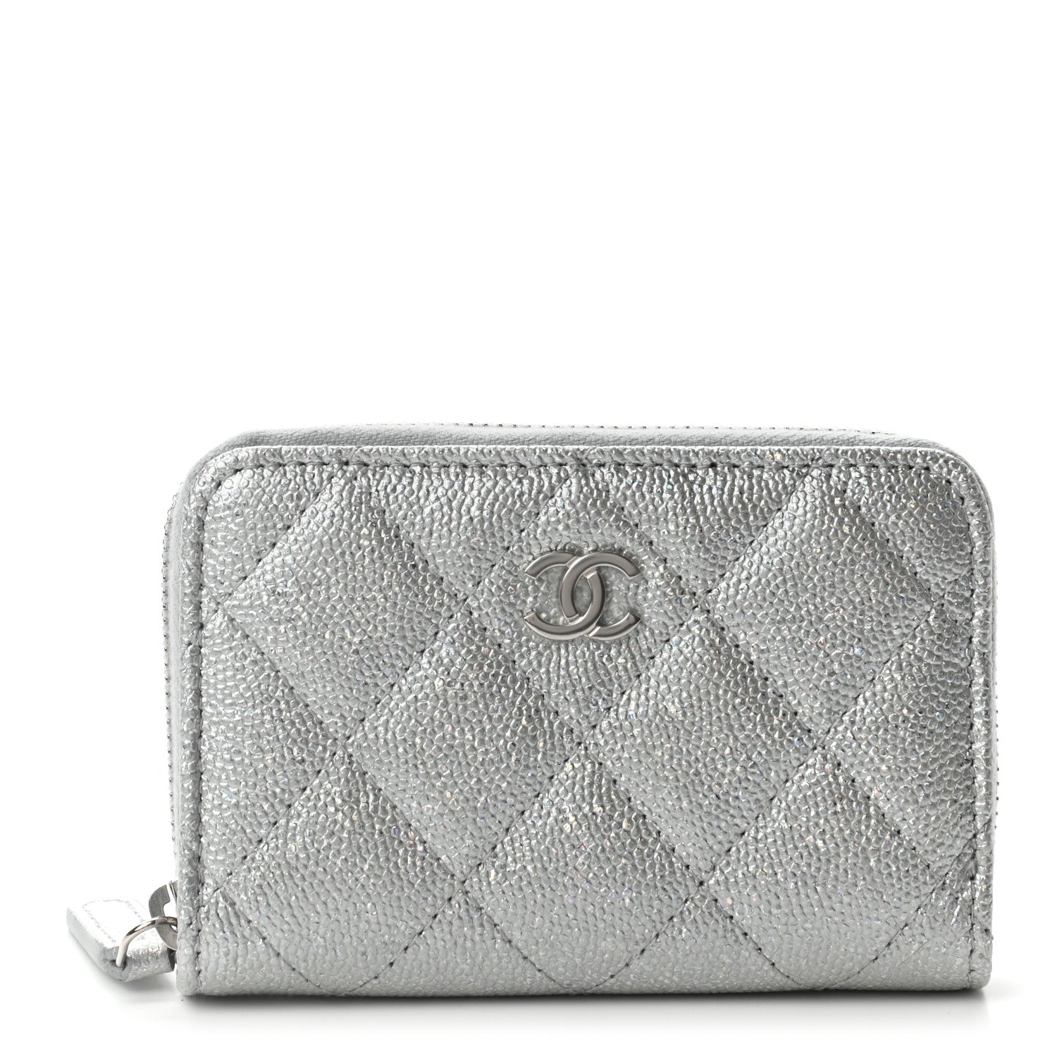 Chanel Glittered Metallic Caviar Quilted Zip Coin Purse Wallet Silver 1 of 7