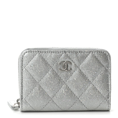 Chanel Glittered Metallic Caviar Quilted Zip Coin Purse Wallet Silver 1 of 7