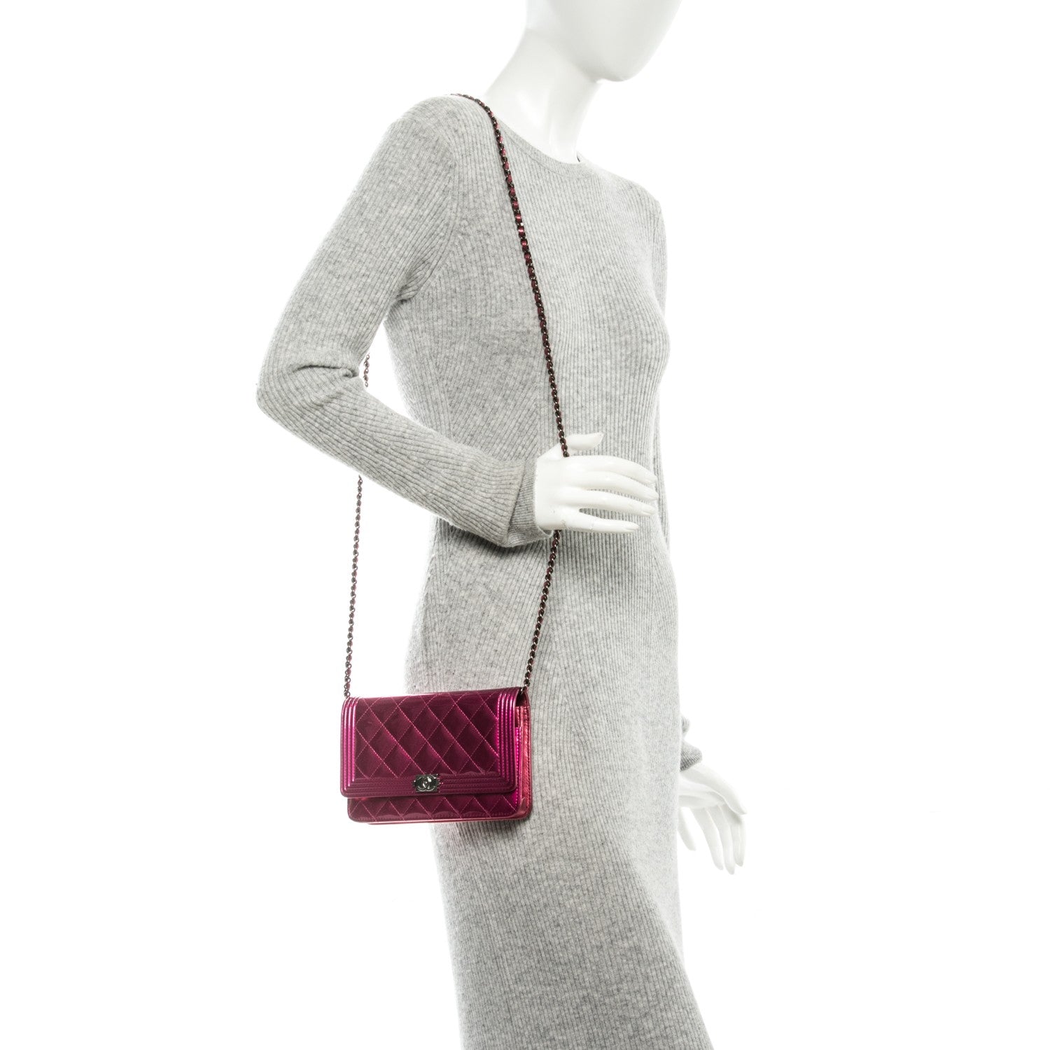 Chanel Metallic Patent Calfskin Quilted Boy Wallet On Chain WOC Fuchsia 2 of 8