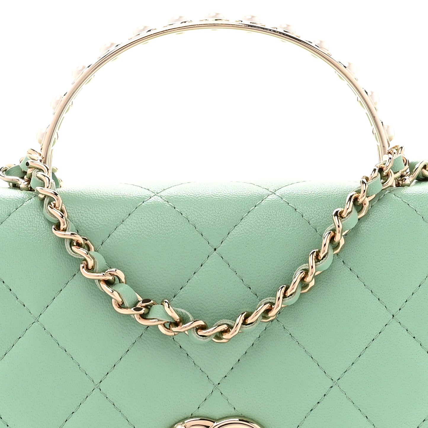 Lambskin Quilted Pearl Top Handle Wallet On Chain WOC Light Green