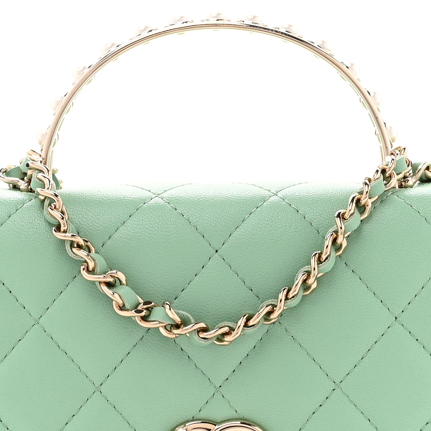 Chanel Lambskin Quilted Pearl Top Handle Wallet On Chain WOC Light Green 9 of 11