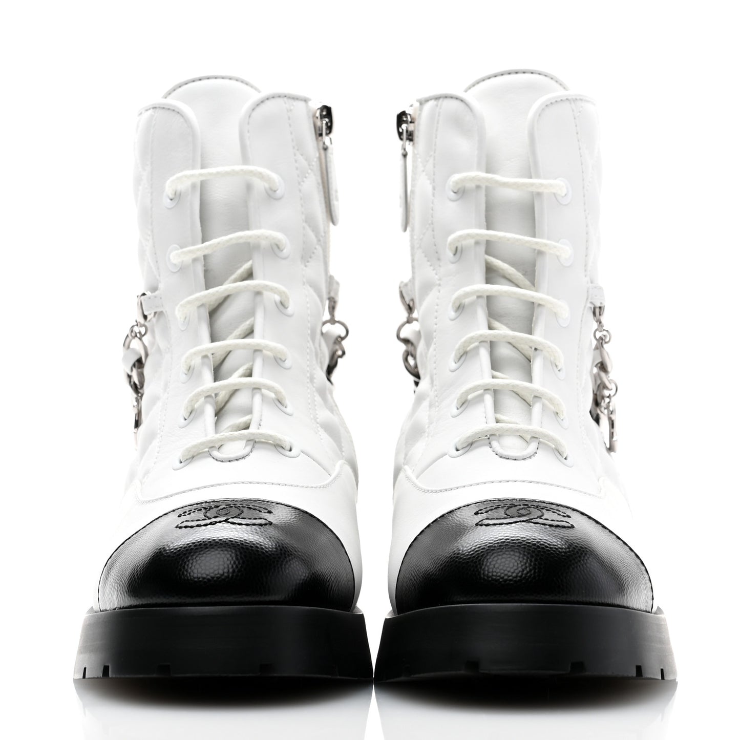 Caviar Calfskin Quilted Chain Lace Up Combat Boots 38 White Black