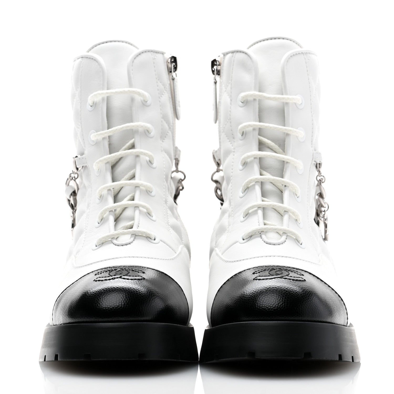Chanel Caviar Calfskin Quilted Chain Lace Up Combat Boots 38 White Black 2 of 10
