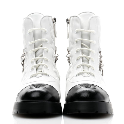 Chanel Caviar Calfskin Quilted Chain Lace Up Combat Boots 38 White Black 2 of 10
