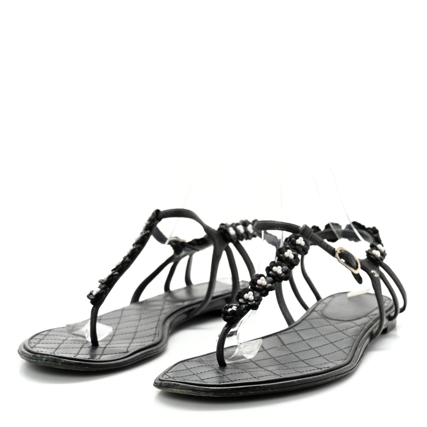 Lambskin Pearl Camellia Thong Sandals 41.5 Black