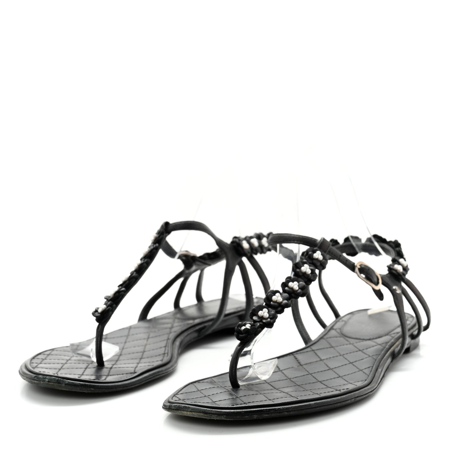 Chanel Lambskin Pearl Camellia Thong Sandals 41.5 Black 5 of 10