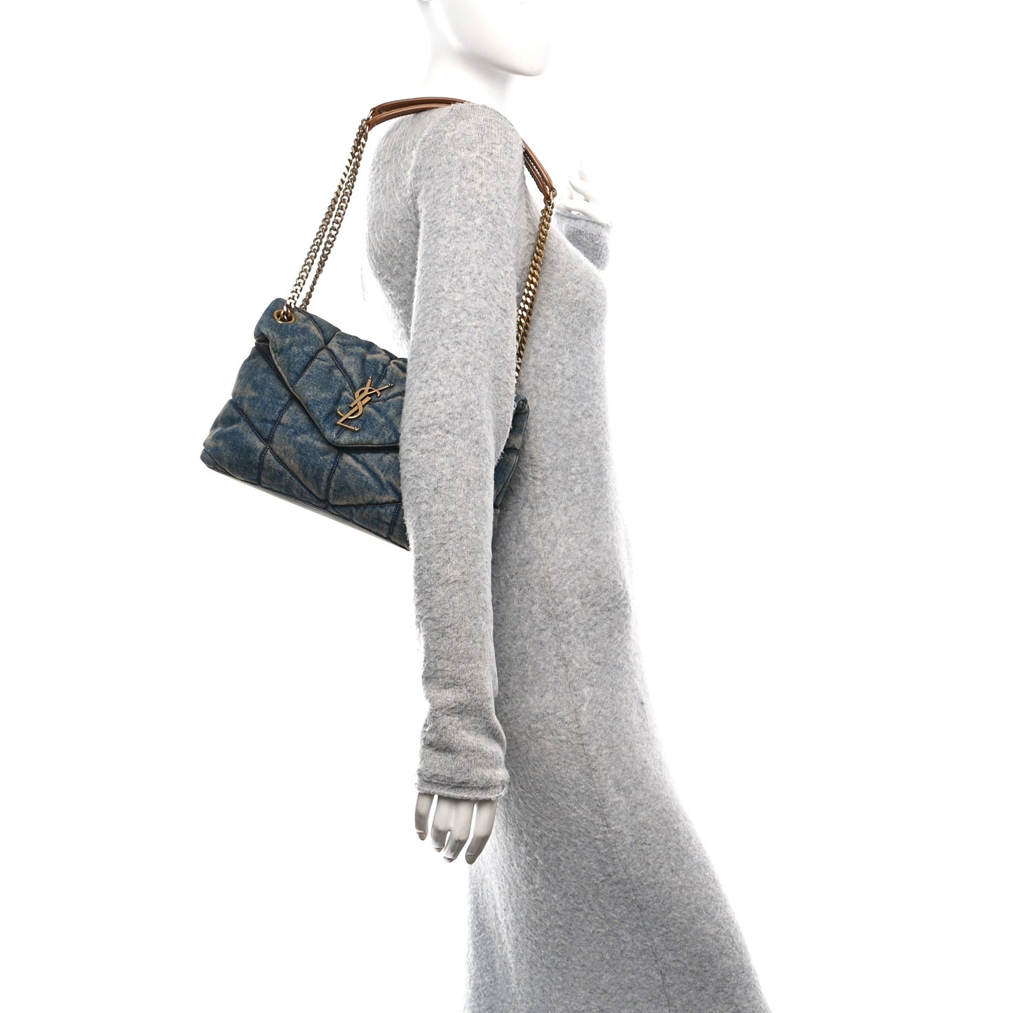 Denim Quilted Small Loulou Puffer Monogram Chain Satchel Blue Cinnamon