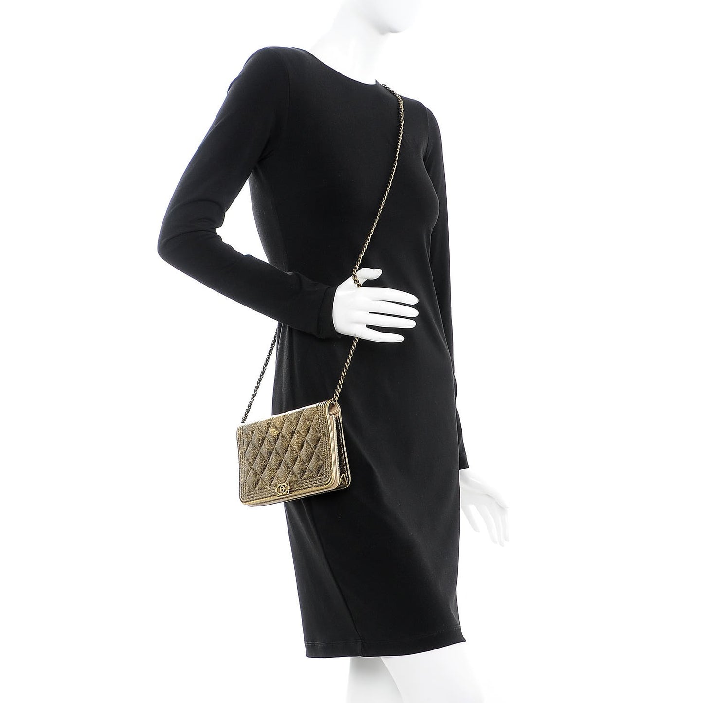 Metallic Calfskin Quilted Boy Wallet On Chain WOC Gold