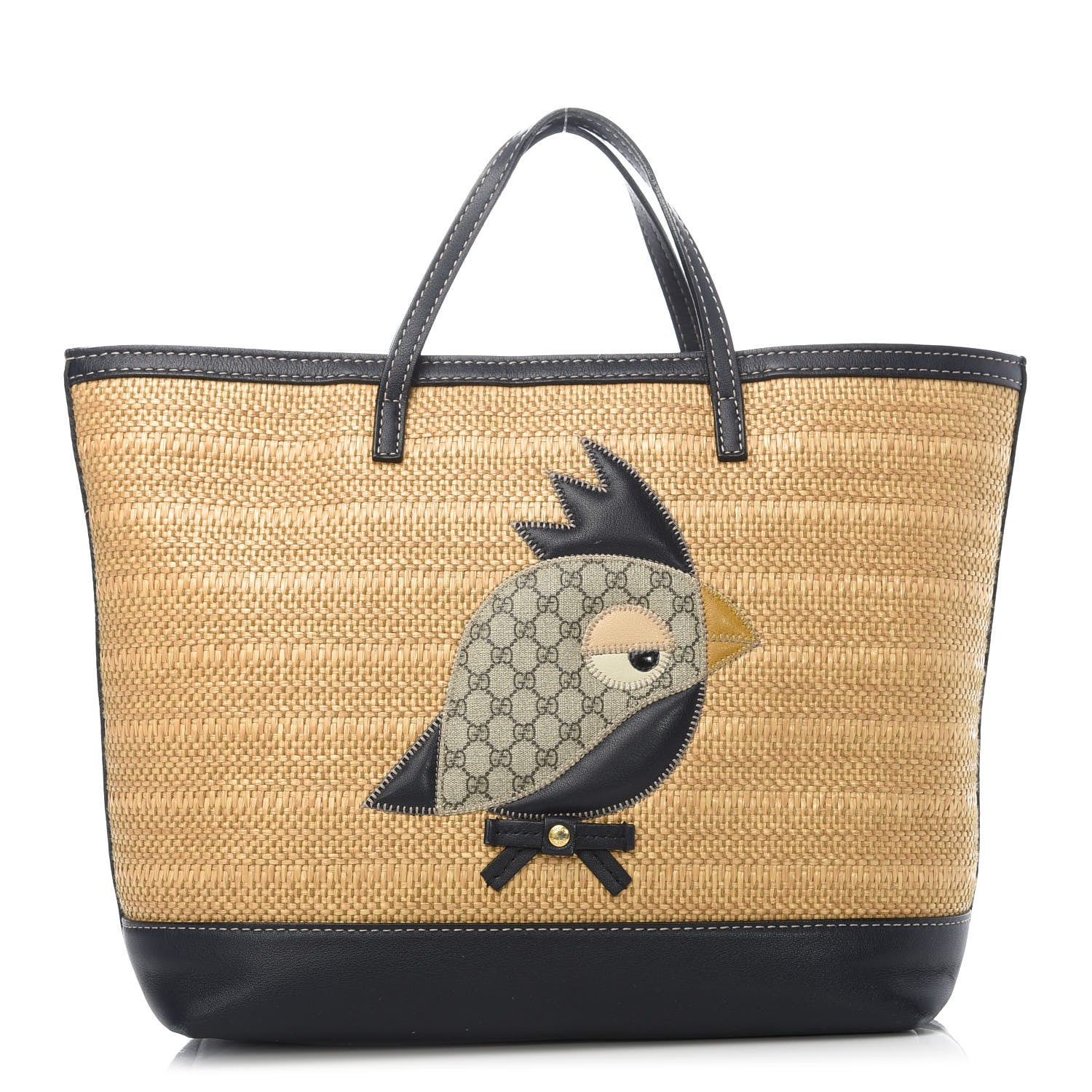 Gucci Calfskin Straw GG Monogram Mini Zoo Bird Tote Black Beige 1 of 10