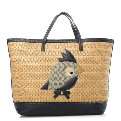 Gucci Calfskin Straw GG Monogram Mini Zoo Bird Tote Black Beige 1 of 10