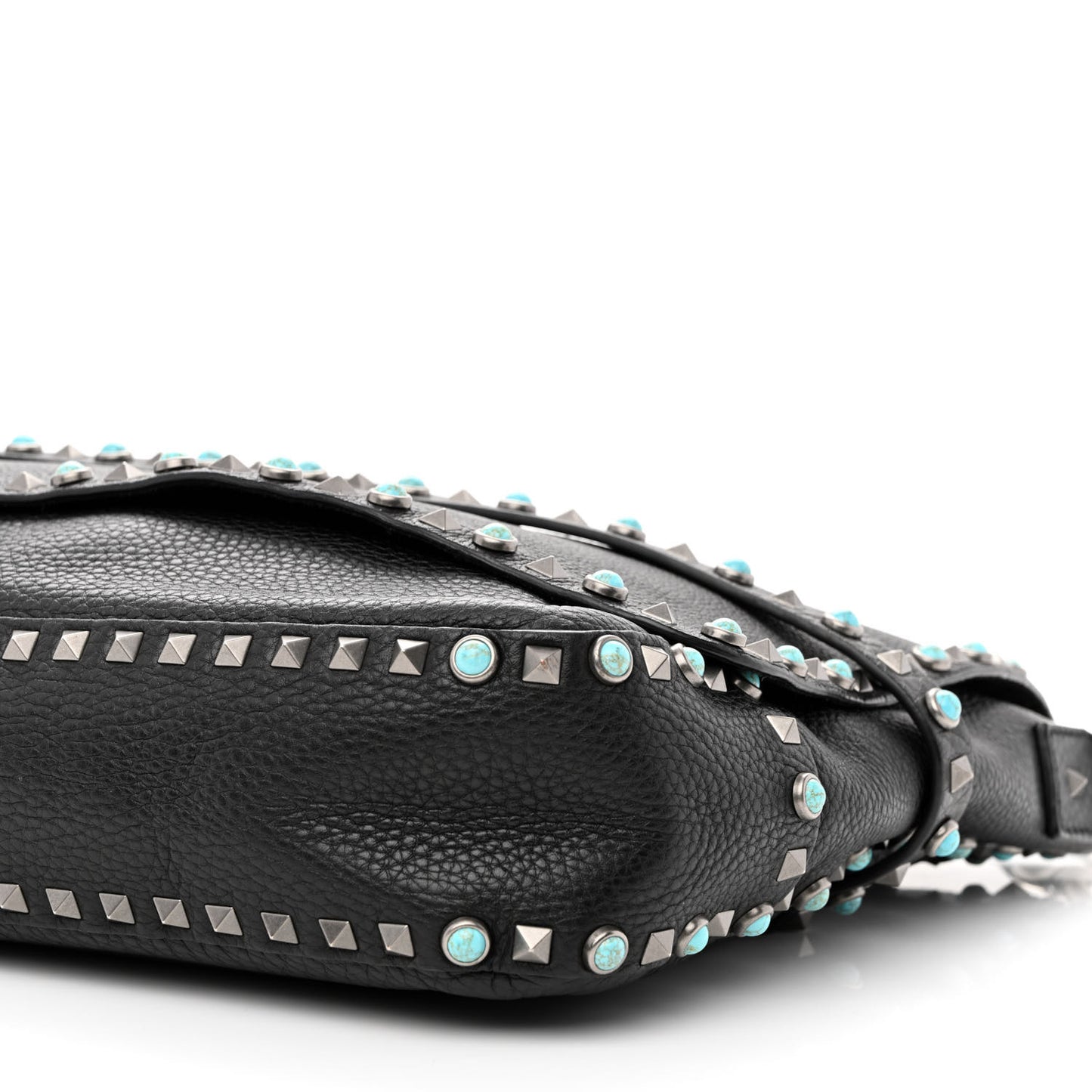 Pebbled Calfskin Rockstud Rolling Flap Messenger Bag Black