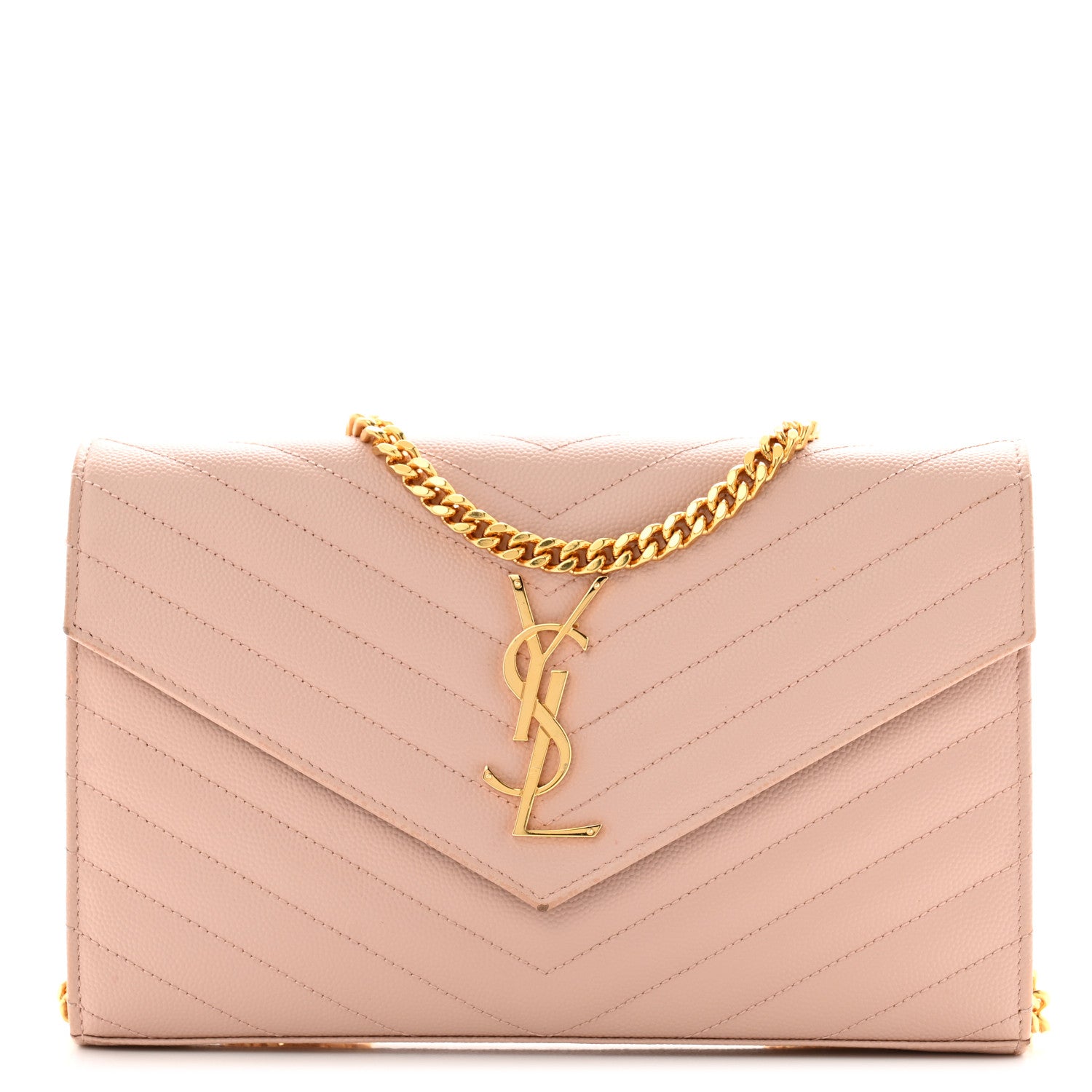 Saint Laurent Grain De Poudre Matelasse Chevron Monogram Chain Wallet Pale Pink 1 of 15