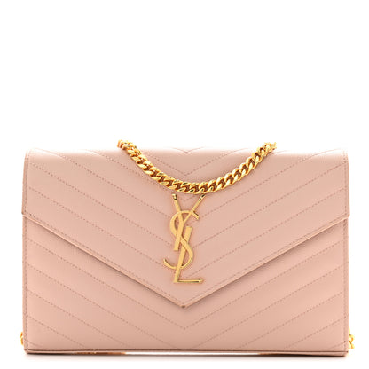 Saint Laurent Grain De Poudre Matelasse Chevron Monogram Chain Wallet Pale Pink 1 of 15