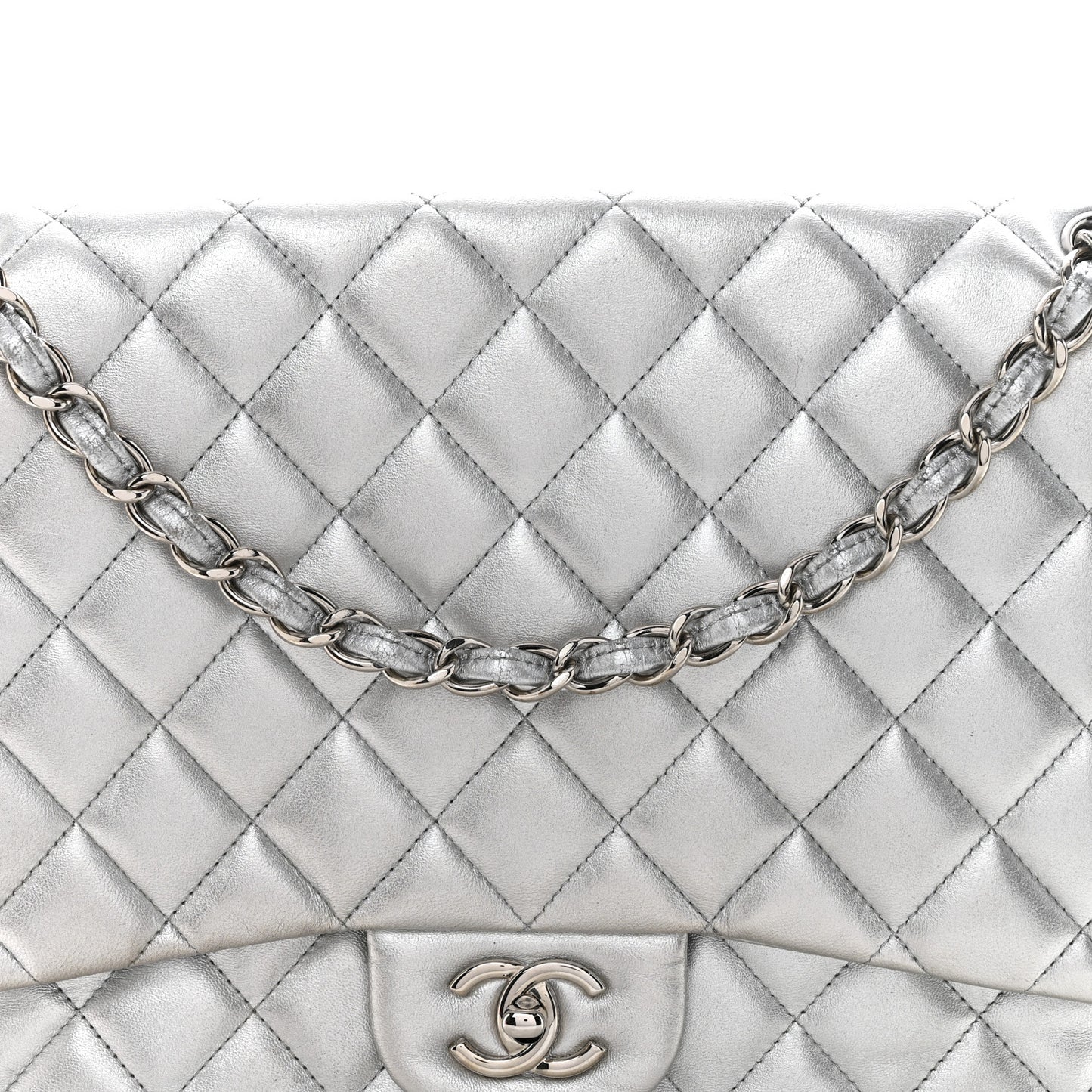 Metallic Lambskin Quilted Maxi Single Flap Silver