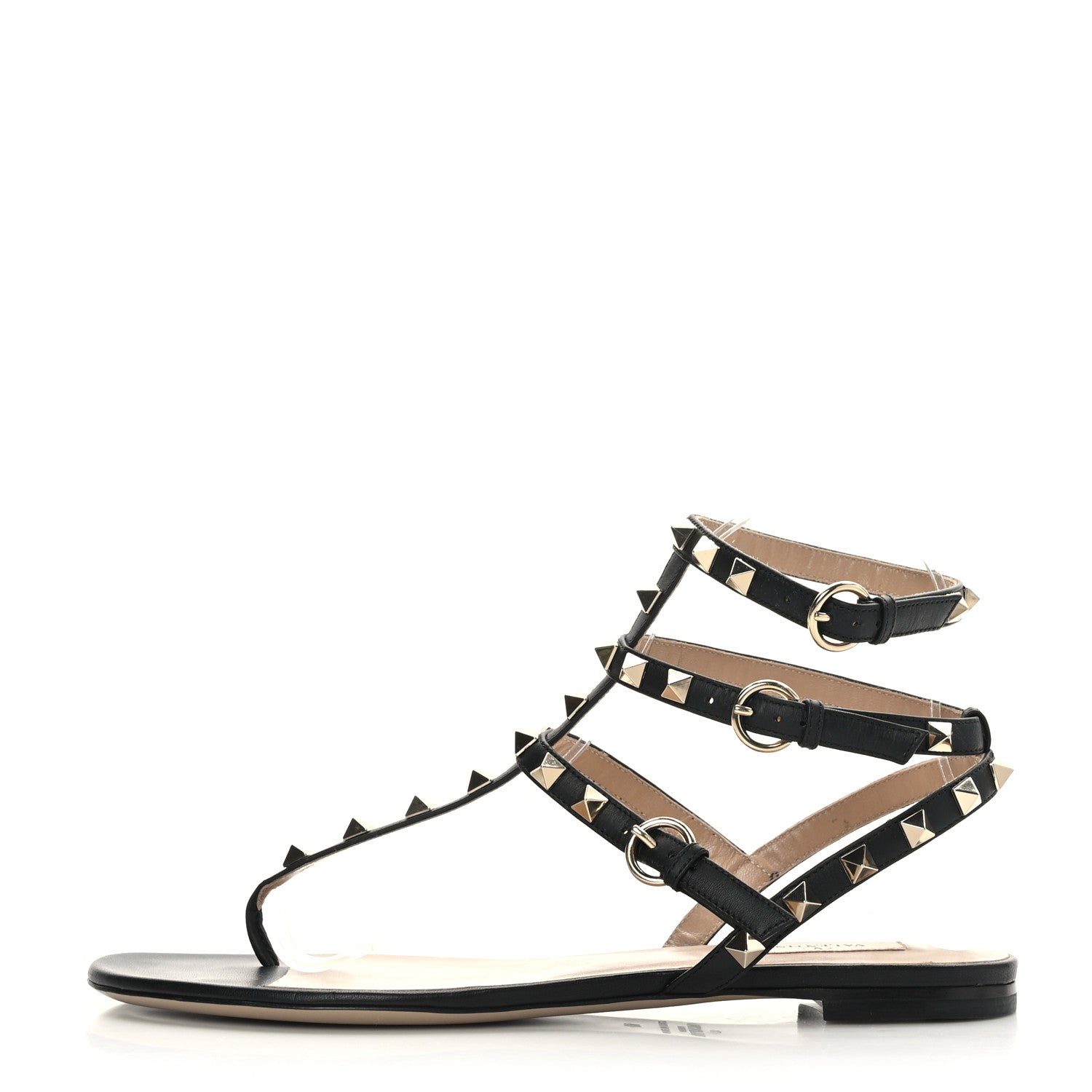 Valentino Garavani Nappa Rockstud Ankle Strap Flat Thong Sandals 39 Black 1 of 7