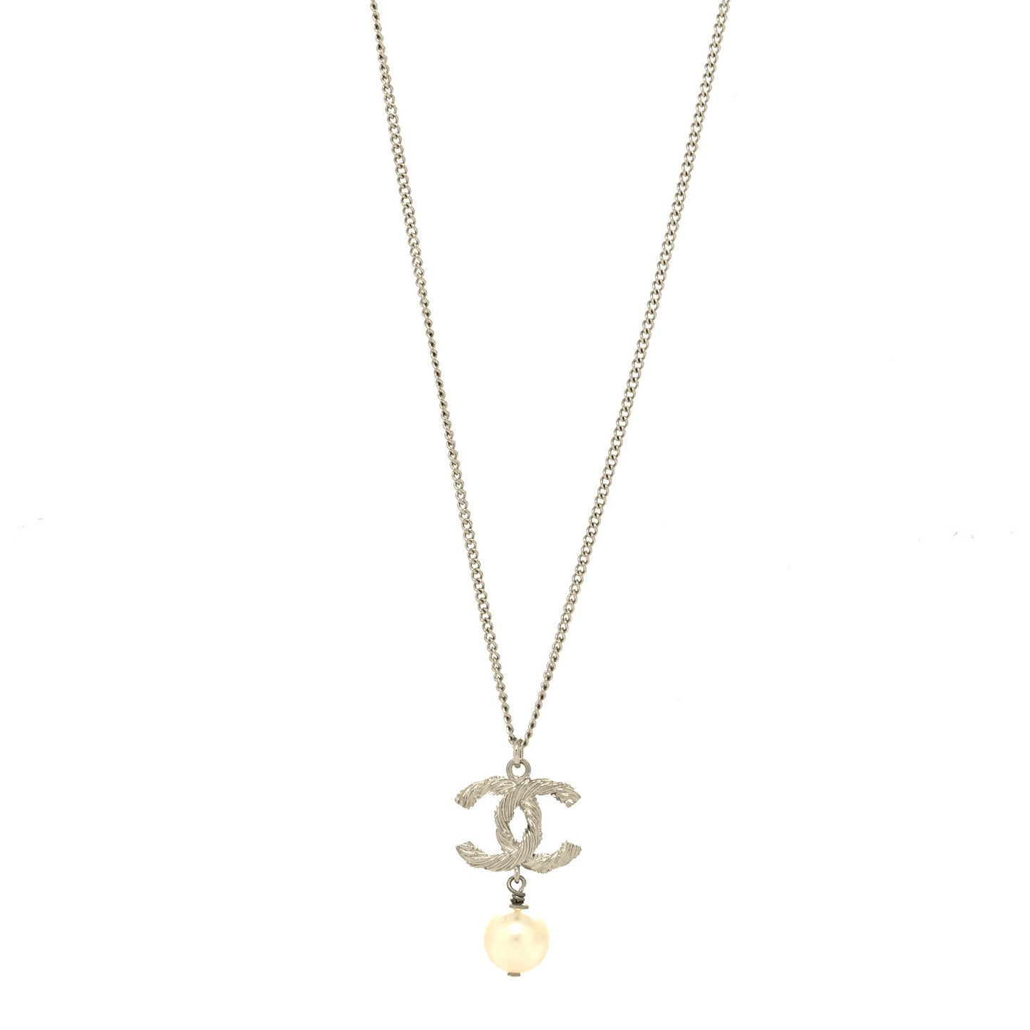 Crystal Pearl Twisted CC Drop Necklace Silver