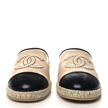Chanel Crumpled Goatskin CC Espadrille Mules 38 Beige Black 2 of 9