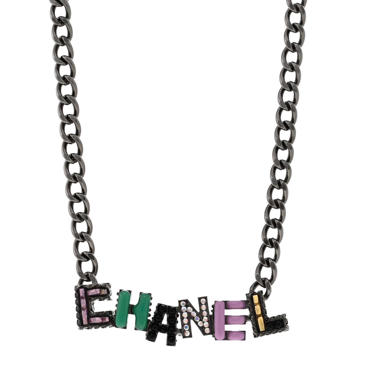Crystal Enamel Pearl CC Logo Chain Choker Ruthenium Multicolor
